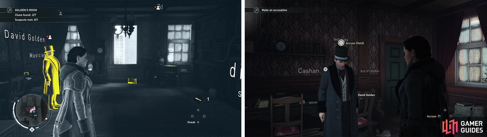 Loot the clues in the Golden's Room (left) and then chat with the suspect (right).