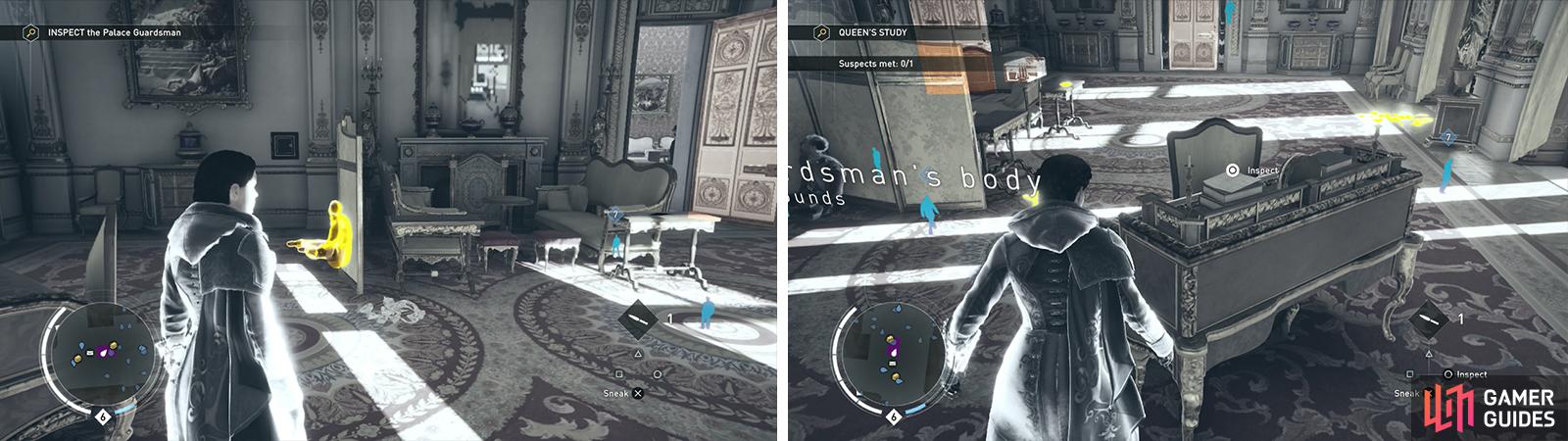 Inspect the body (left) and then the clues in the Queen's Office search area (right).