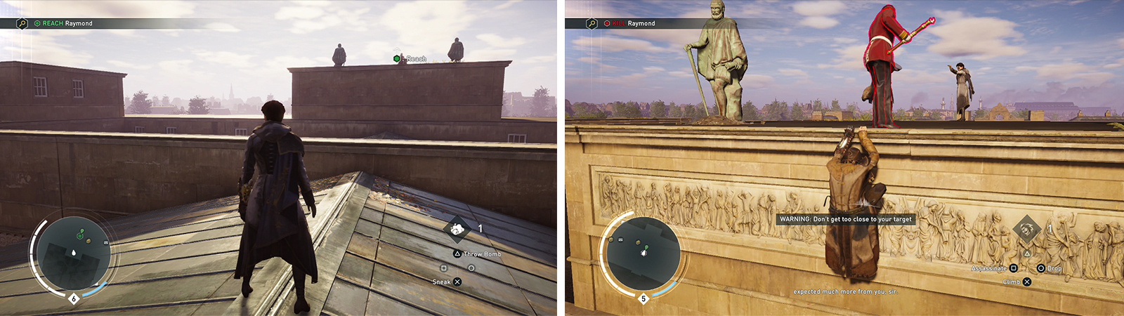 The target will retreat to the roof (left). Stay out of his line of sight, sneak up and kill him (right).