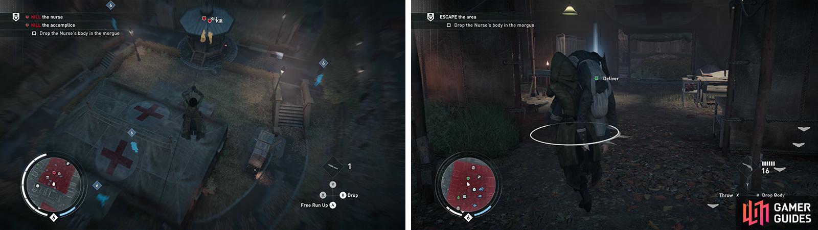The targets will occasionally come together in the gazebo (left). After killing them throw the nurse's body in the morgue for the optional objective (right).