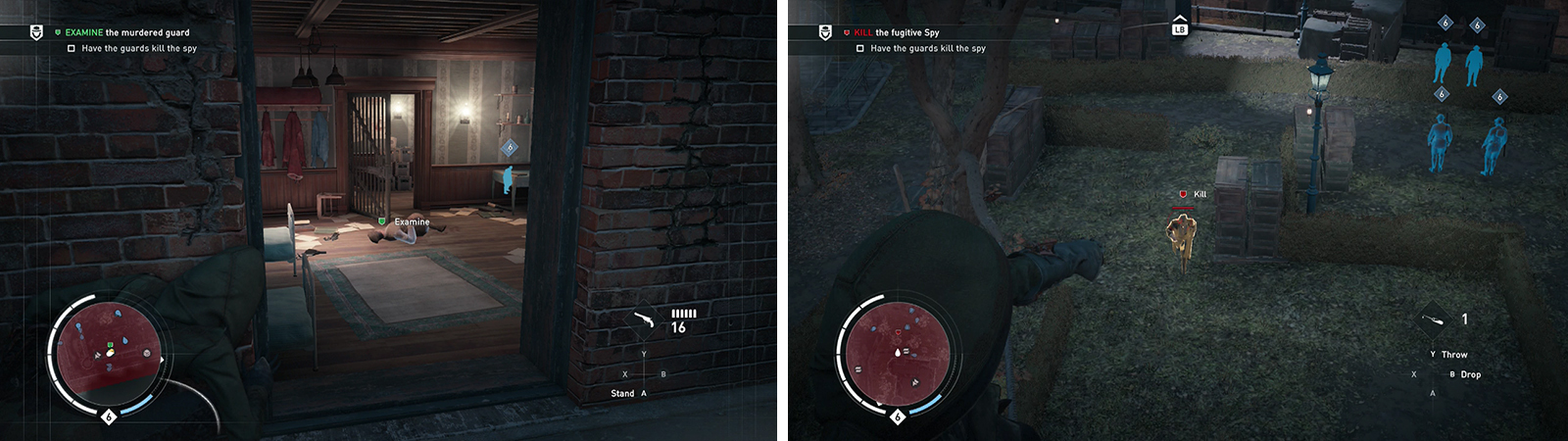Investigate the body in the building (left). Use a hallucinogenic dart on the target to have the guards kill him (right).