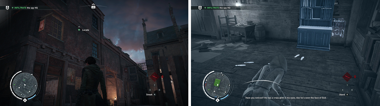 Locate the target building (left). The Spy HQ can be found on the second floor (right).
