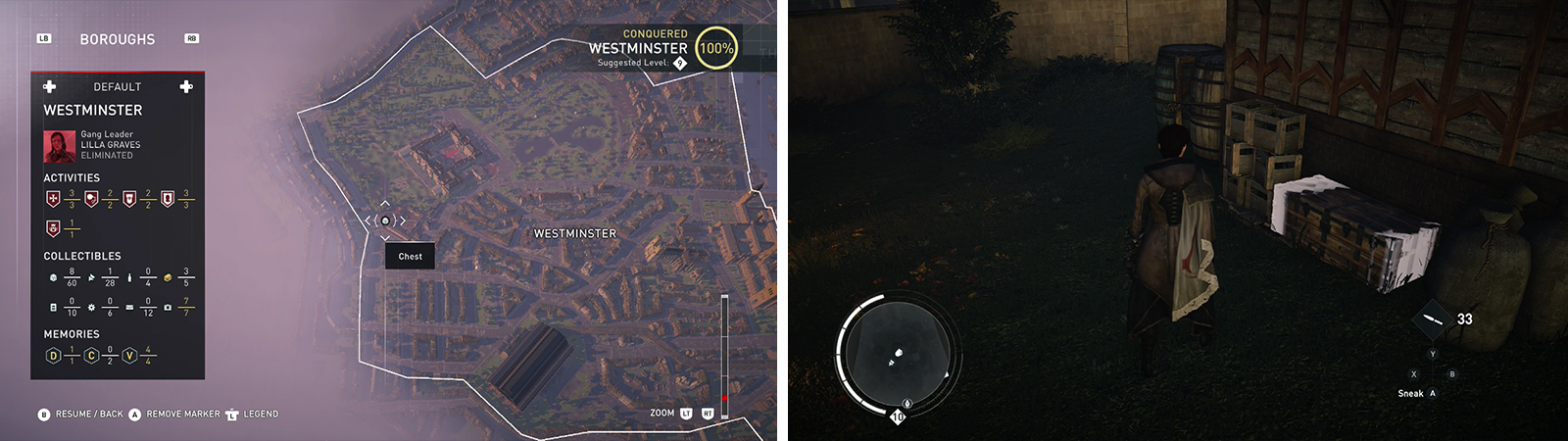 The Treasure Chest icon on the world map (left) and what they look like in-game (right).