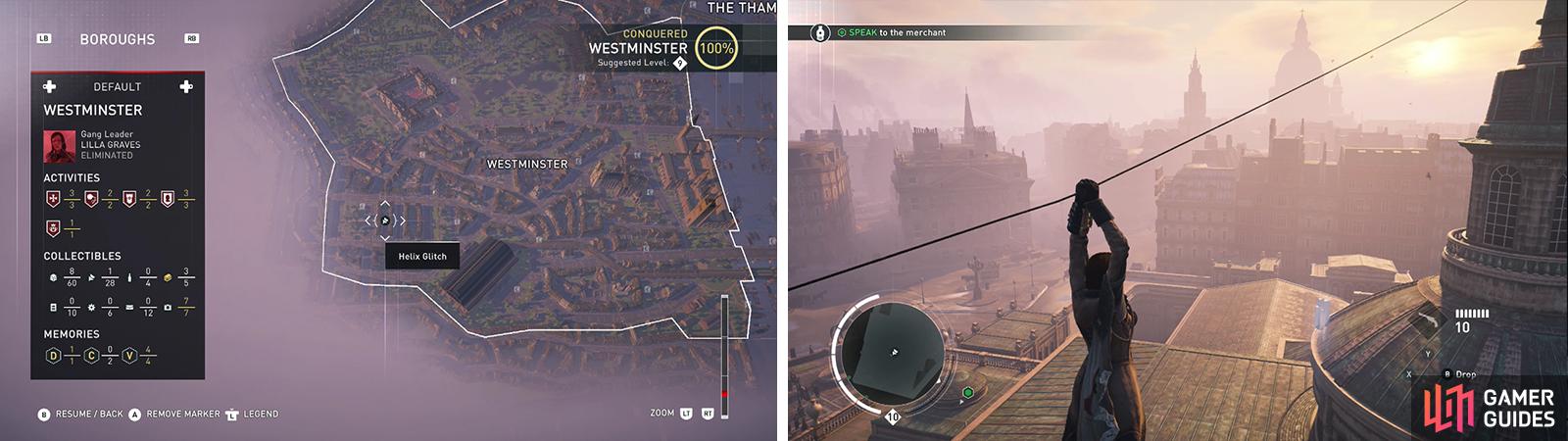 The Helix Glitch icon on the world map (left) and what they look like in-game (right).