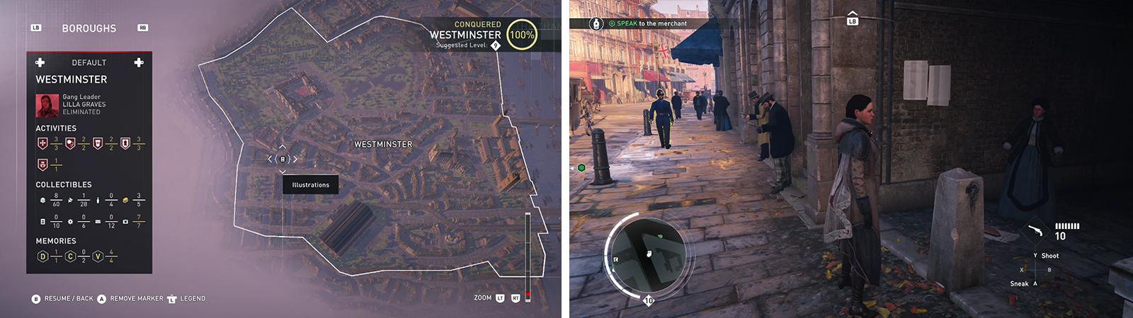 The Illustration icon on the world map (left) and what they look like in-game (right).