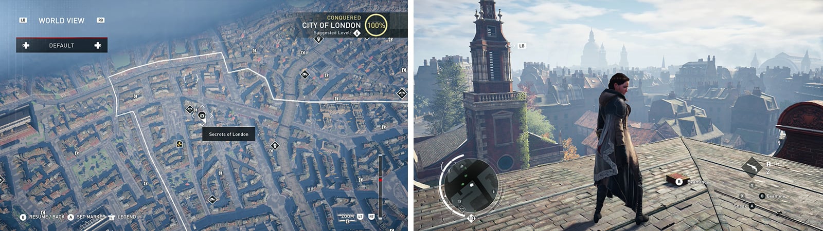 The Secrets of London icon on the world map (left) and what they look like in-game (right).