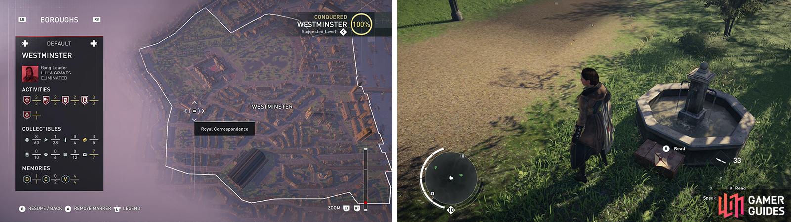 The Royal Correspondence icon on the world map (left) and what they look like in-game (right).