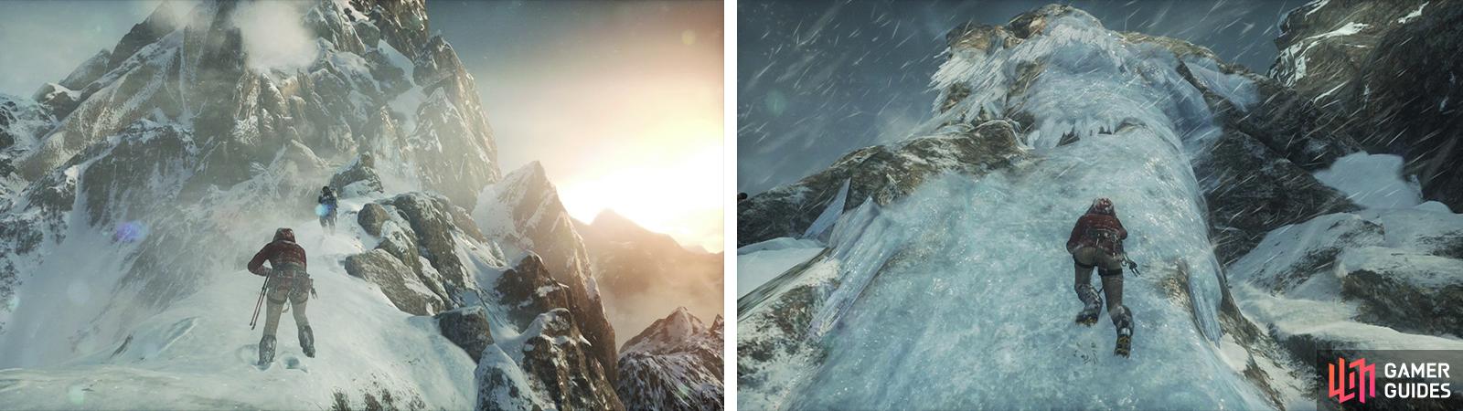 Follow Jonah along the path (left). Climb back up to him when lara loses her footing (right).