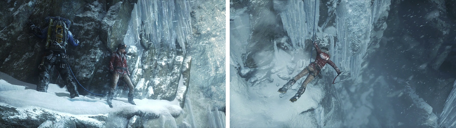 Shimmy along the narrow edge (left). Swing across to the far ice wall when you are hanging from the rope (right).