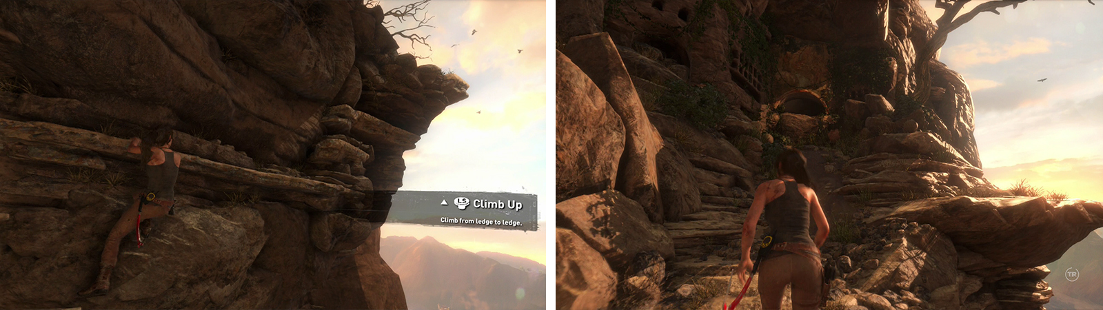 Climb the cliff (left) until you reach the entrance (right). Look on the ledge to the right for a Relic.