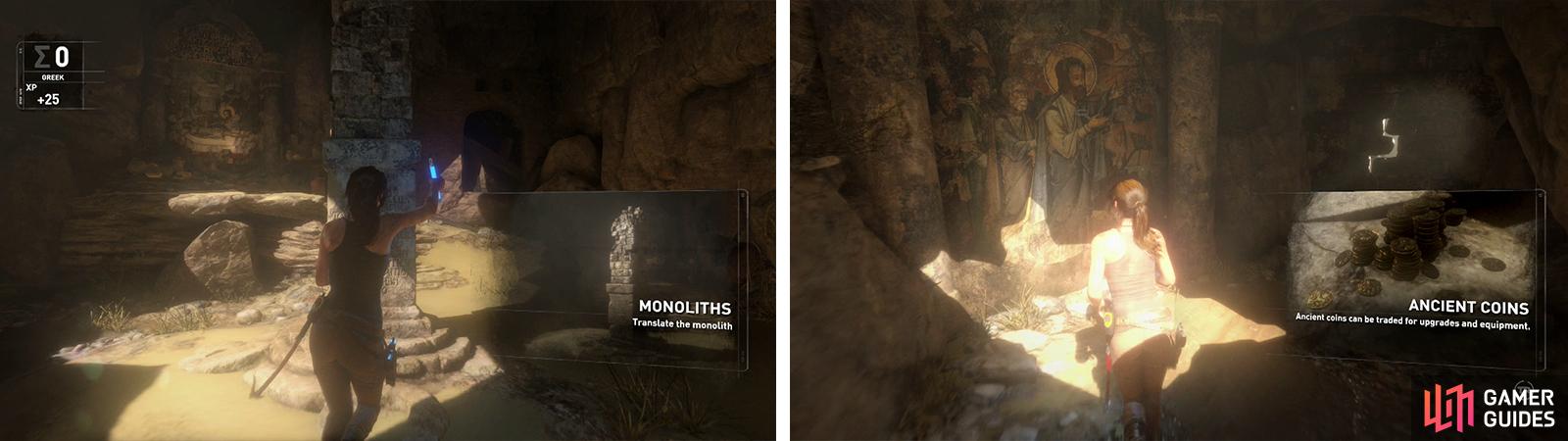 Once you have boosted your Greek proficiency decipher the Monolith (left). Grab the fourth Mural before smacking down the weak wall (right).