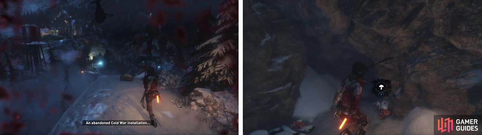 When you regain control, follow the objective marker to open the chest here (left). Find and loot the Mushrooms (right).