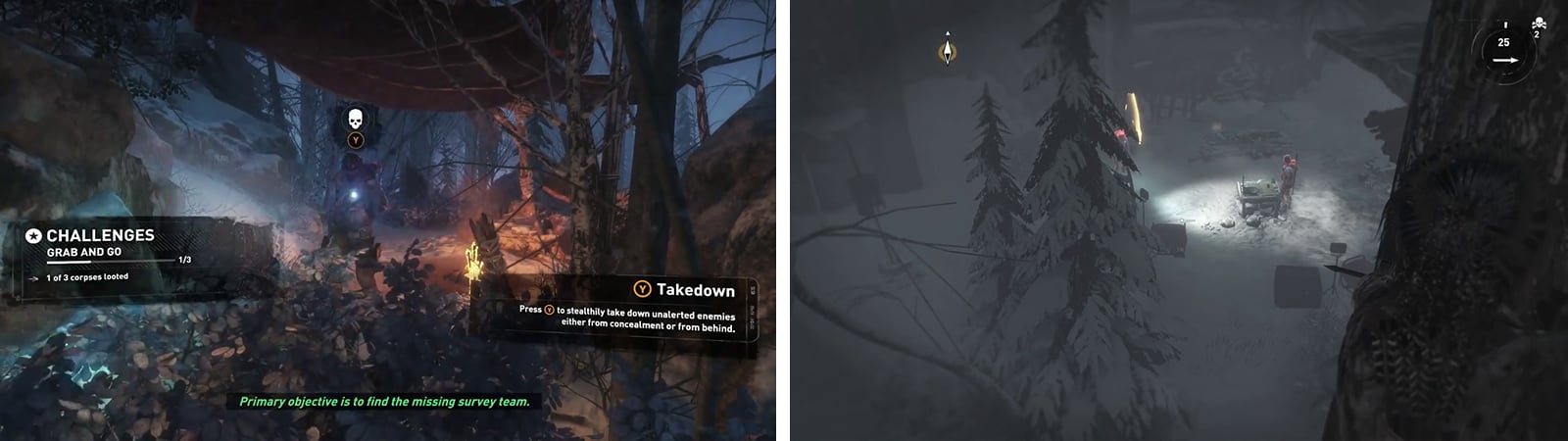 Hide in the bushes to takedown enemies (left). Use the bushes and tree branches to observe enemy patterns (right).