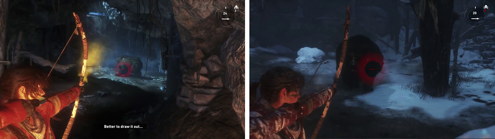 Enter the cave and use Poison Arrows on the bear (left). Draw it out of the cave to fight in the clearing (right).