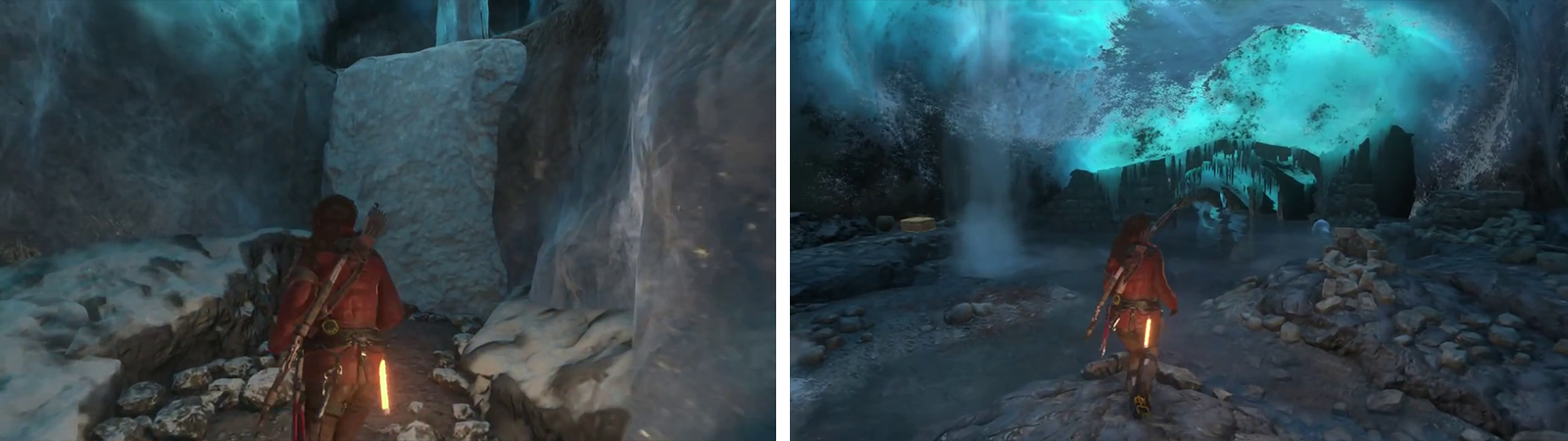 After sliding down the slope, look to the right for a ledge with Document 01 (left). Before entering the water, look to the left for a Relic (right).