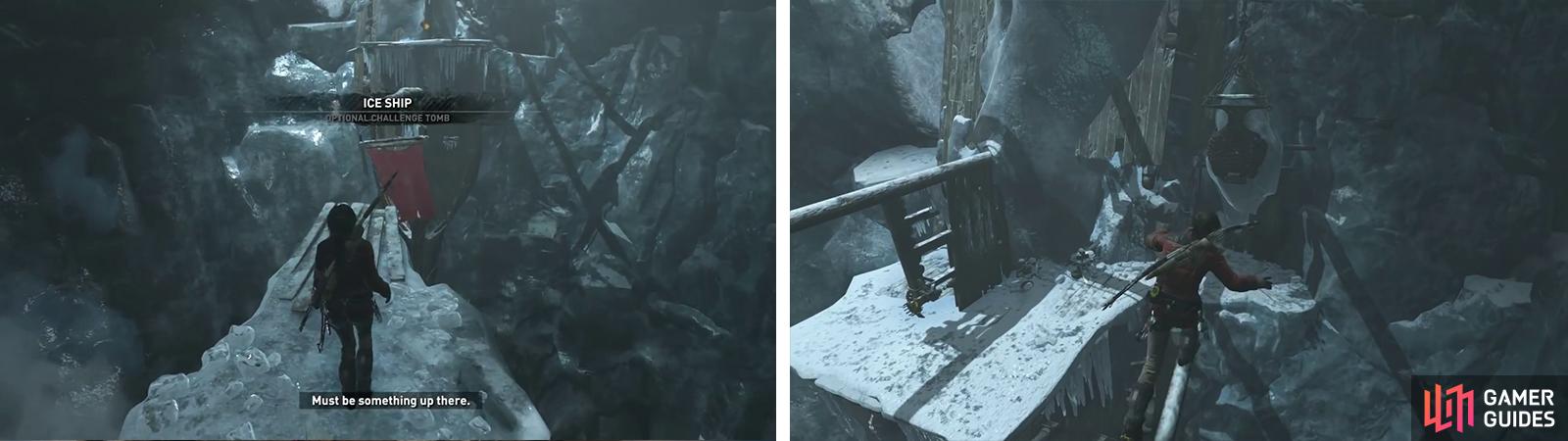Use the bowspirit to reach the ice ship (left). Climb up and use the masts to reach the bucket - jump onto this to smash the ice on the wall (right).