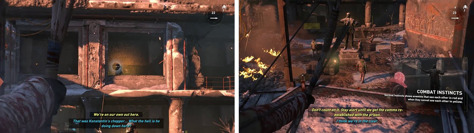 Try to pick off the enemy on the balcony first (left) before dealing with the enemies in the courtyard (right).