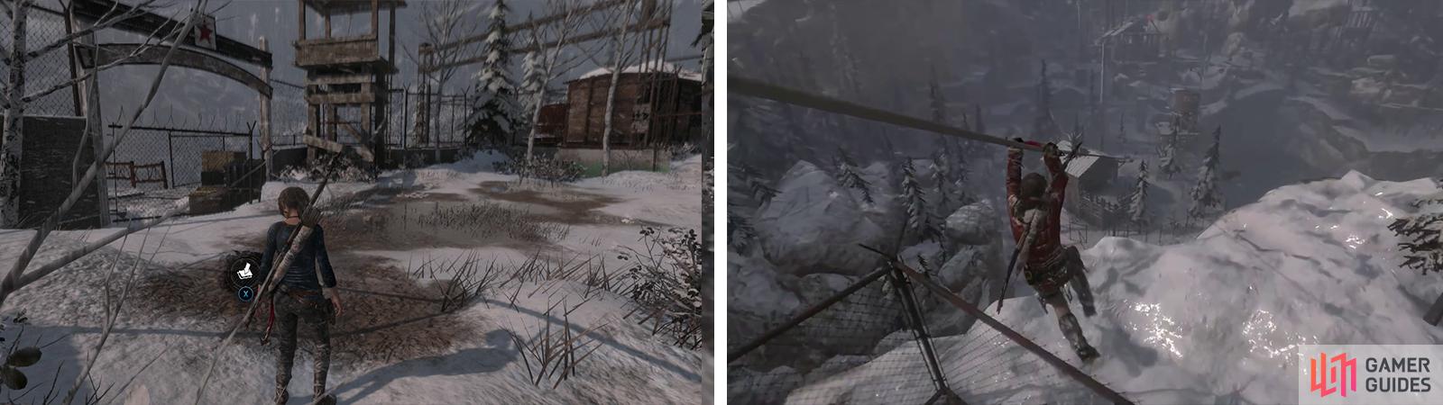 As you approach the guard tower youll find Survival Cache 04 nearby (left). When you are ready to continue use the tower to reach a zipline to the next area (right).