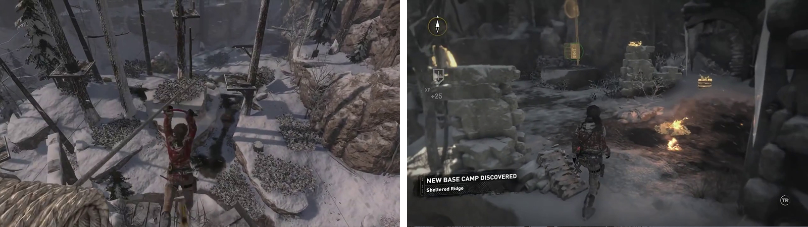 Youll see Repeater 04 on a ledge to the right as you zipline down from Repeater 02 (left). Repeater 05 can be found by a Base Camp (right).