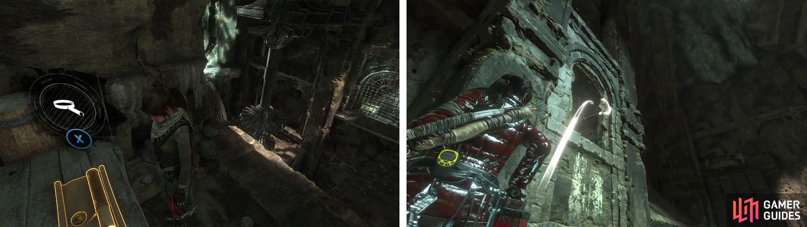 In the second chamber, look for Document 08 in a raised alcove (left). Return to the main chamber and use the raft to throw a gas can into the new opening (right).
