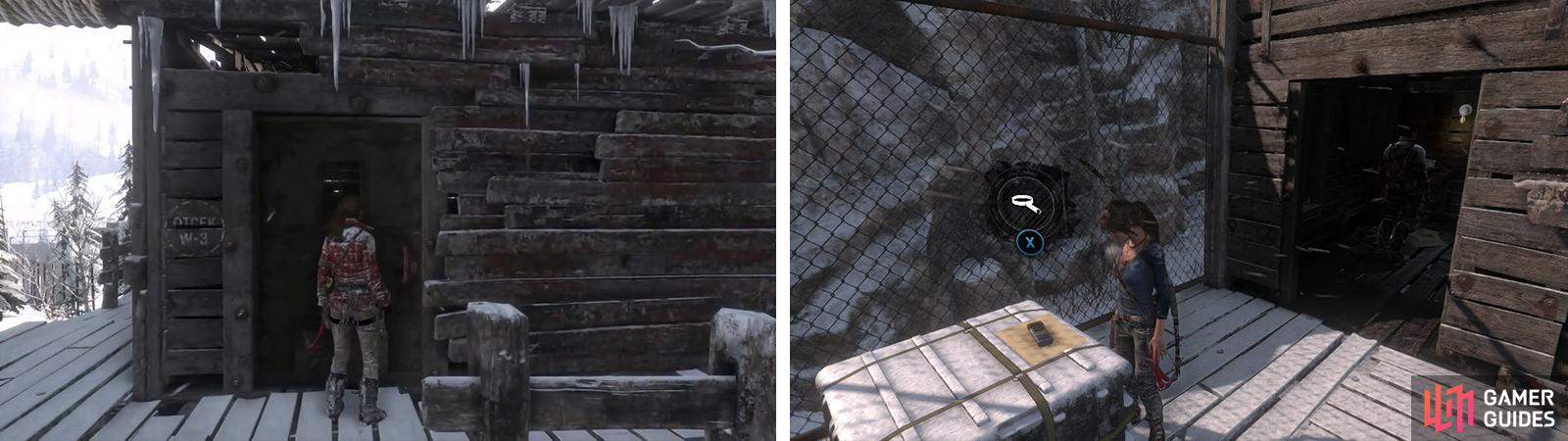 Enter the supply shack (left) to find the Byzantine Coin vendor. Upon exiting the far side loot Document 10 (right) before ziplining down into the prison.