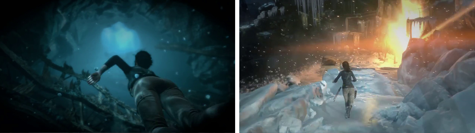 Swim to the crack in the ice (left) and then run along the set path (right) until you escape the helicopter.