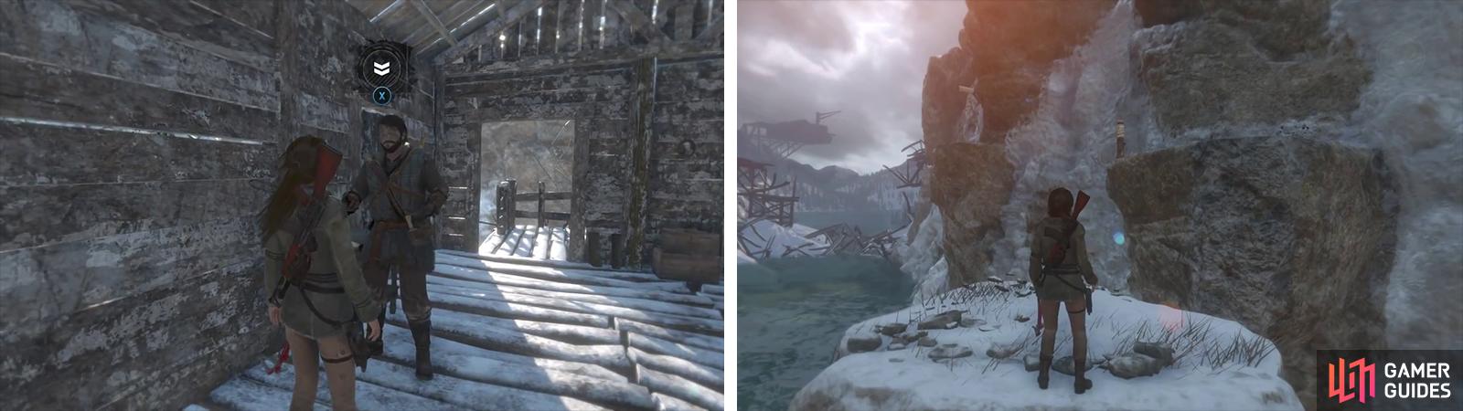 Accept the mission (left) and make your way to the stone pillar in the centre of the river to the south and use your Rope Arrows to scale the southern cliffs (right).