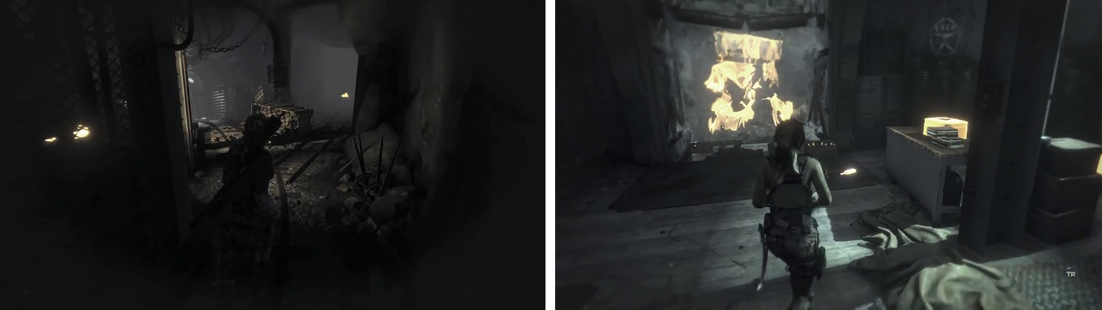 Follow the track to the left at the fork (left). When you reach the office area, loot Relic 14 from the desk and craft a Molotov to destroy the blockage (right).