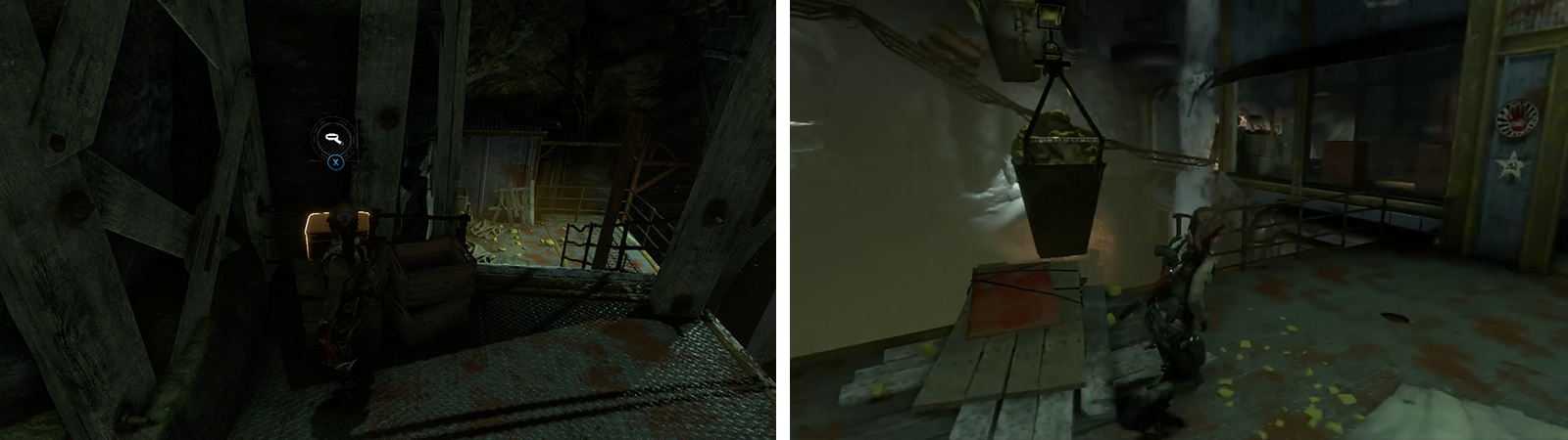 Grab Relic 15 from the container near the top of the stairs (left) and hop across to the container full of stones (right).