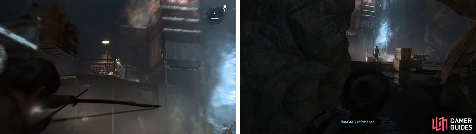 Take out the lookout on the raised walkway first (left) before focusing on the other enemies (right).