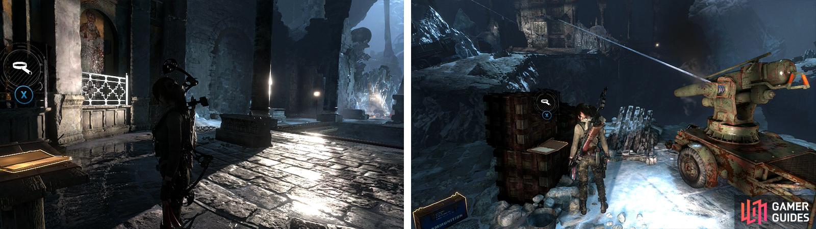 Once the enemies are dead, loot Document 03 in the first room (left) and then Document 04 from the crates by the rope launcher (right).