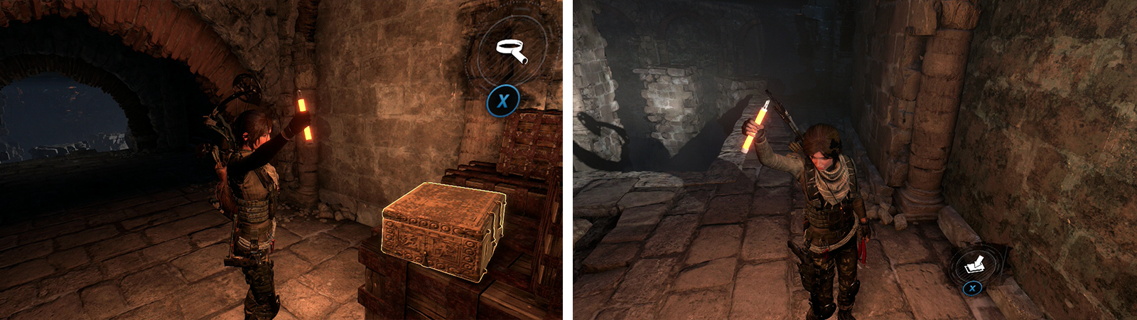 After climbin the ice wall, look to the left in the next room for Relic 01 (left). Cross the spike pit and look in the corner for Coin Cache 02 (right).