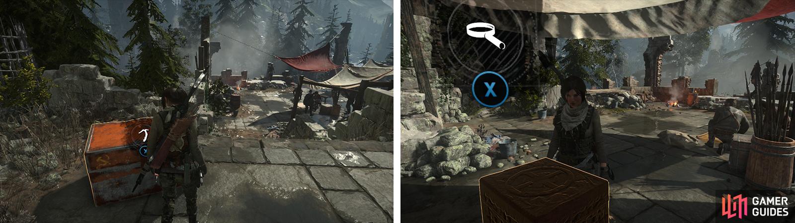 When you reach the Geothermal Valley grab the Strongbox (left). Beneath the white tent you'll find Relic 01 (right).