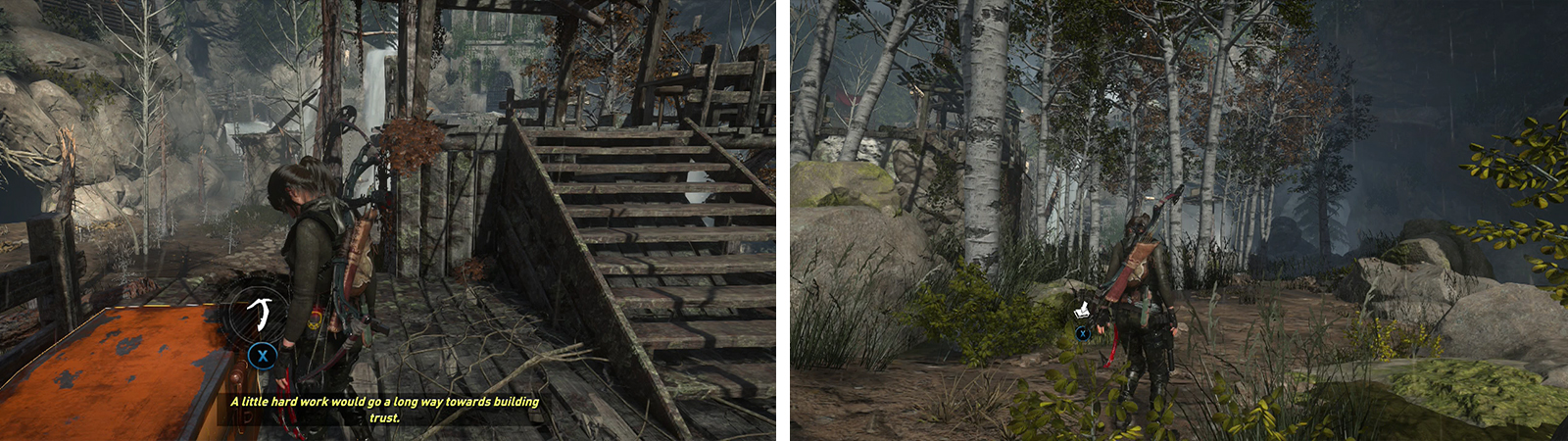 After entering the valley, climb the structure ahead for Strongbox 03 (left). Look for Survival Cache 06 on the riverbank nearby (right).
