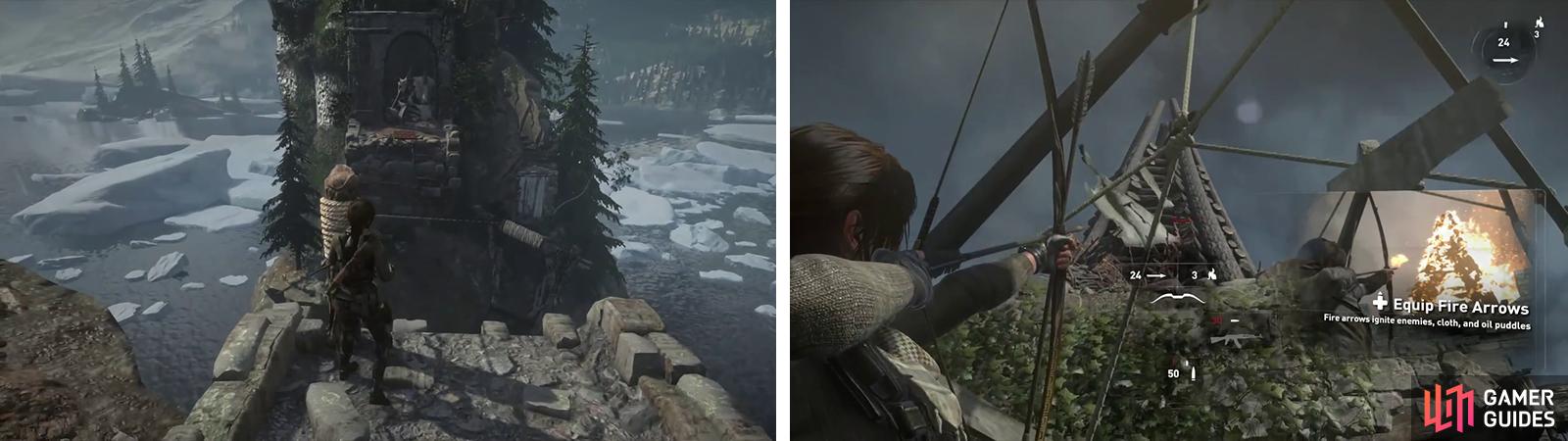 Use a Rope Arrow to reach the island (left). Climb to the top and hit the pyre with a Fire Arrow (right).