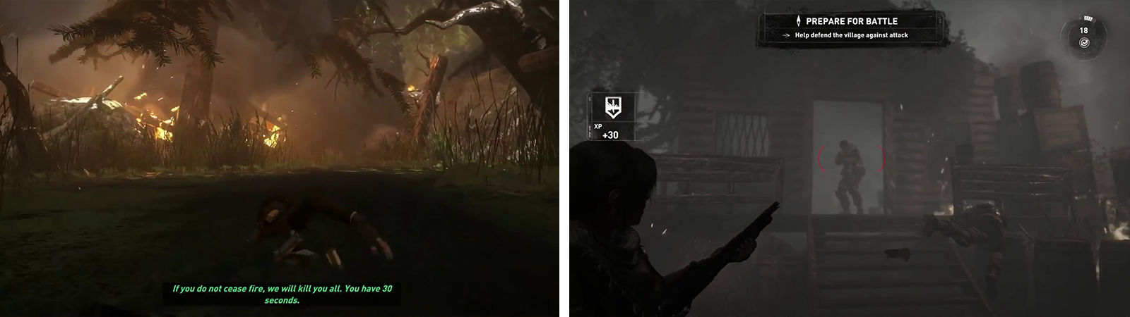 Work your way through the burning ruins (left) before fighting the enemies that appear as you enter the village (right).