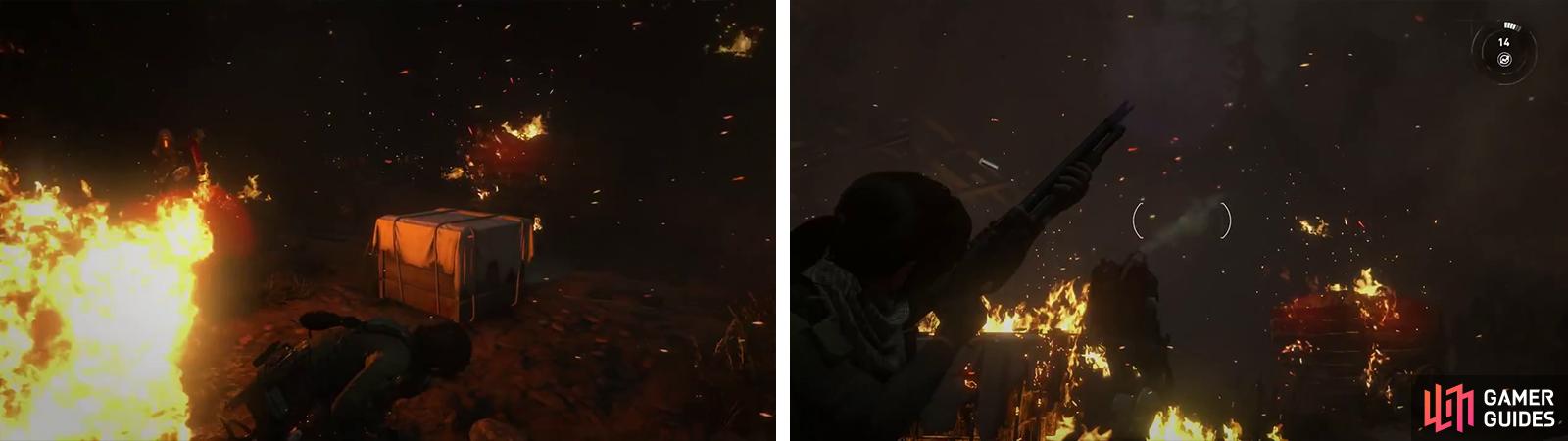 When fighting the Flamethrower avoid the fire (left) and get behind him (right) so you can shoot him in the back.