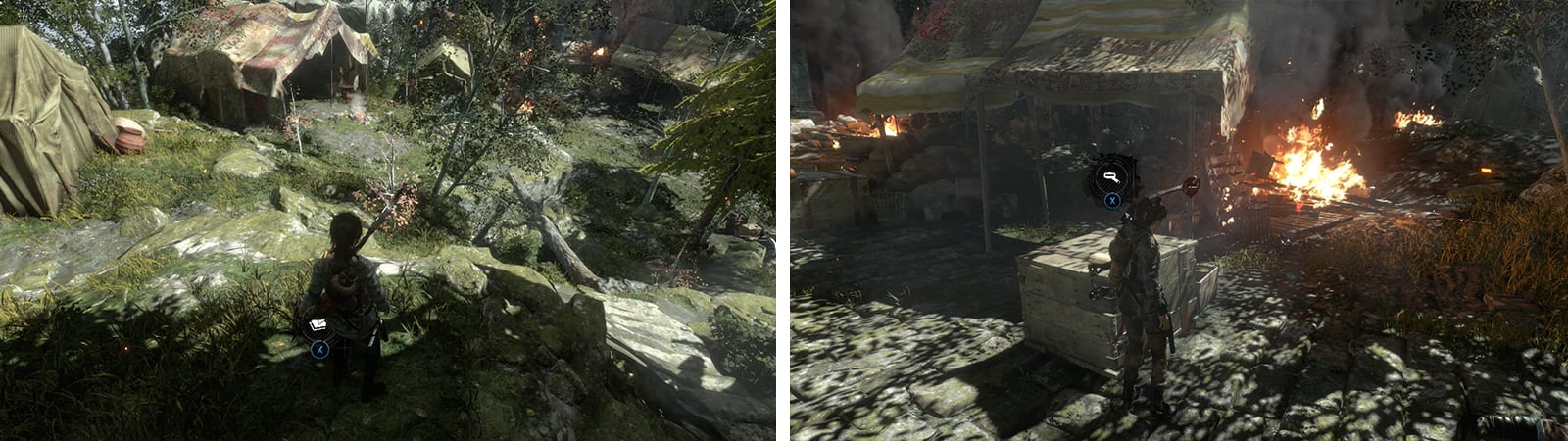 Before enetering town grab Survival Cache 01 (left). Opposite the Base Camp you'll find Document 02 (right).