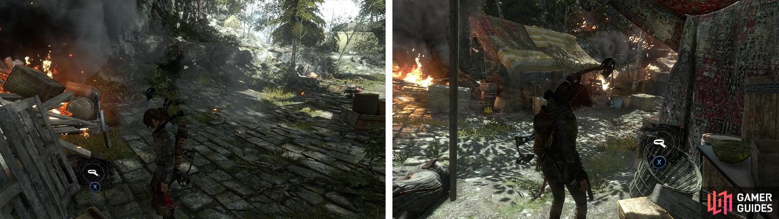 Document 04 can be found at the base of a burning gate to the north (left). Relic 01 is inside a tent by the gate leading to the next area (right).