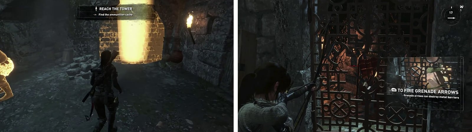 Break down the weak wall (left) and follow the passage to the Grenade Arrows. Use the Grenade Arrows to destroy the blocked door (right).