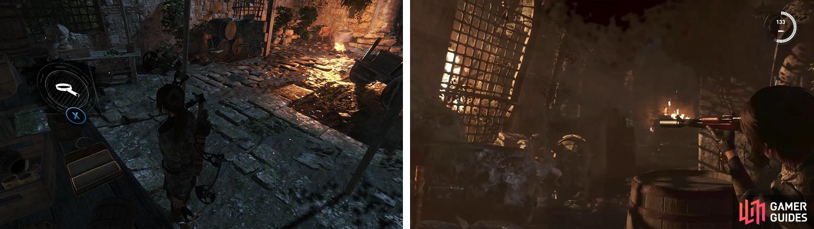 Grab Document 07 (left) and shoot the final walkie-talkie before continuing. Fight your way down the narrow corridor (right).