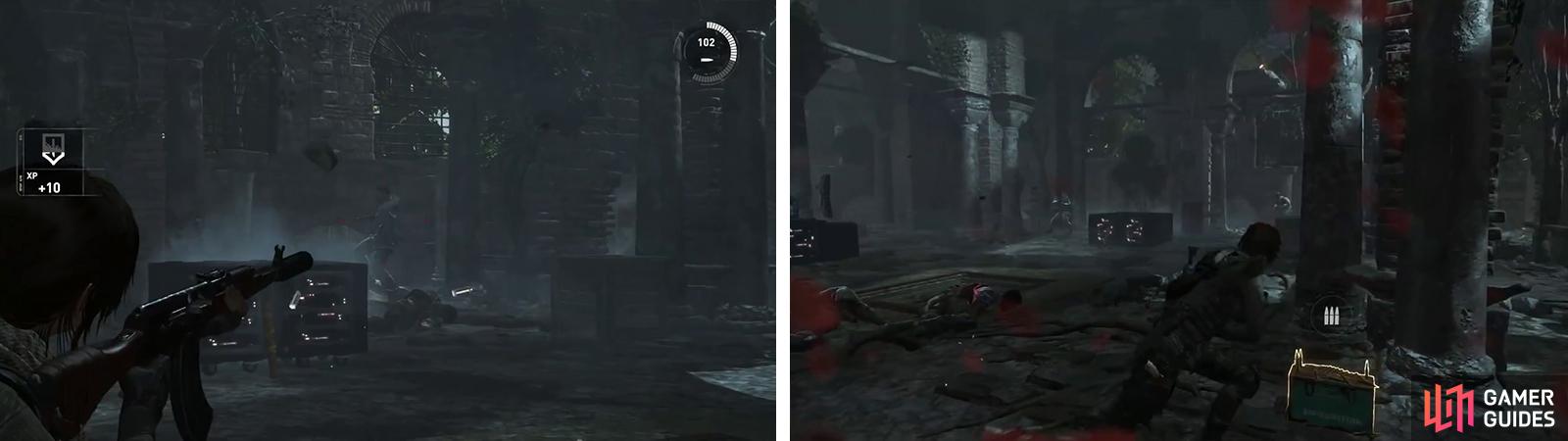 In the final room, youll be able to attack three enemies first (left) before waves of enemies will stream into the room (right).