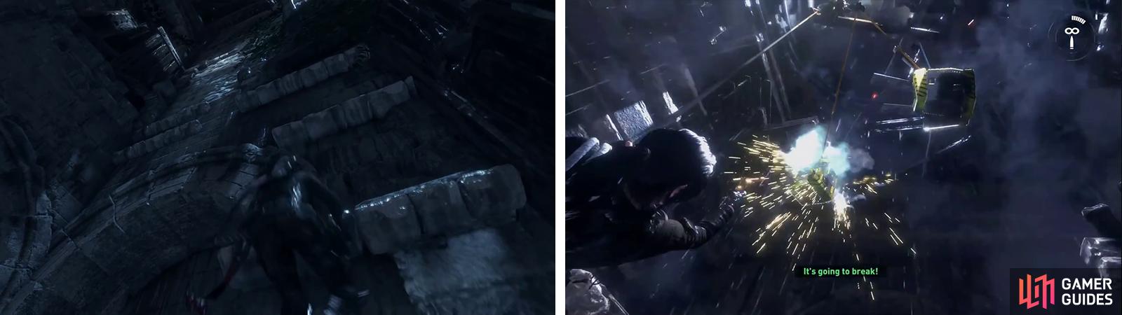 Climb to the top of the cathedral's interior (left). During the cut-scene, shoot the generators (right) to continue.