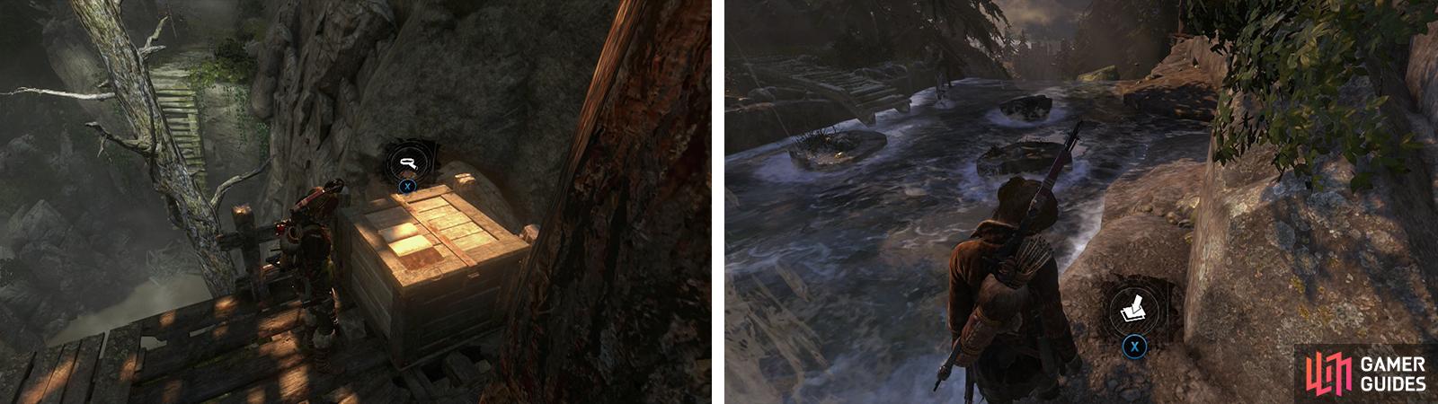 Before crossing the broken bridge, grapple axe up to the wooden platform for a Document 29 (left). Near the waterfall, youll find Survival Cache 17 (right).