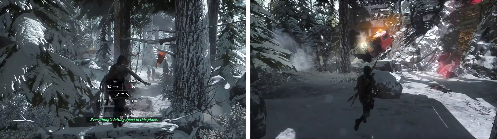 There are numerous enemies in the first stealth encounter (left). take out as many as possible form above. Afterwards, look behind the crashed snow plough (right) for an Archivist's Map.