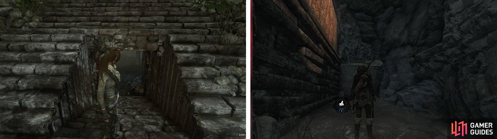 After the scene, head down the secret passage to enter the Orrery (left). Beneath the first weak wooden wall is Survival Cache 01 (right).