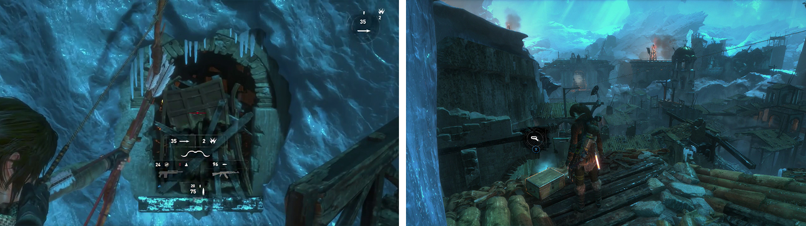 Destroy the barricade by the trebuchet (left). Head inside and hop out the other window to find Relic 06 (right).