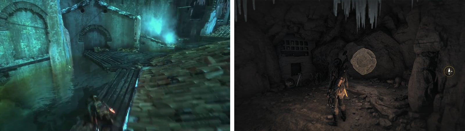 Enter the water beneath the trebuchet (left) to find an underwater entrance to a Crypt. Inside youll find Mural 02 (right).