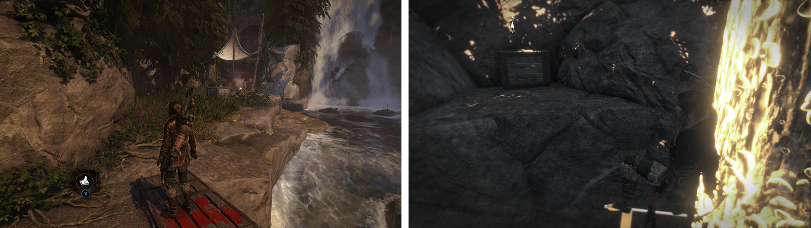 Dive from the platform by the Base Camp (left). Use the weak wood on the tree by the cave entrance to climb it using broadhead arrows (right) - hop to the nearby platform for Document 33.