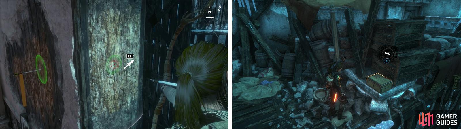 Use the Broadhead Arrows to climb the walls by the Base Camp (left). At the top youll find Relic 10 (right).
